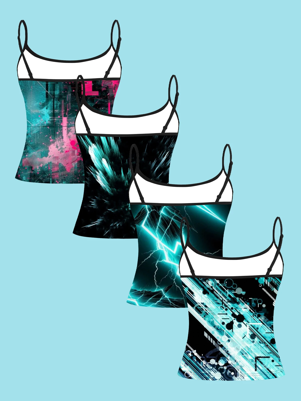 4-Piece Set of Cyber Blue Lightning Abstract Graffiti Print Camisole Tops for Women, Futuristic Slim-Fit Spaghetti Strap Inner Wear Tops