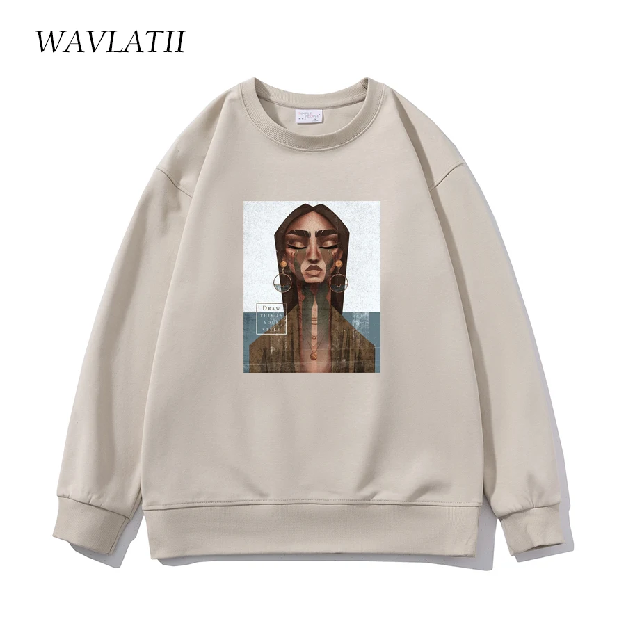 WAVLATII Women Casual White Sweatshirts Female Khaki Soft Oversized Cool Printed Hoodie Unisex O-neck Long Sleeve Tops WH2225