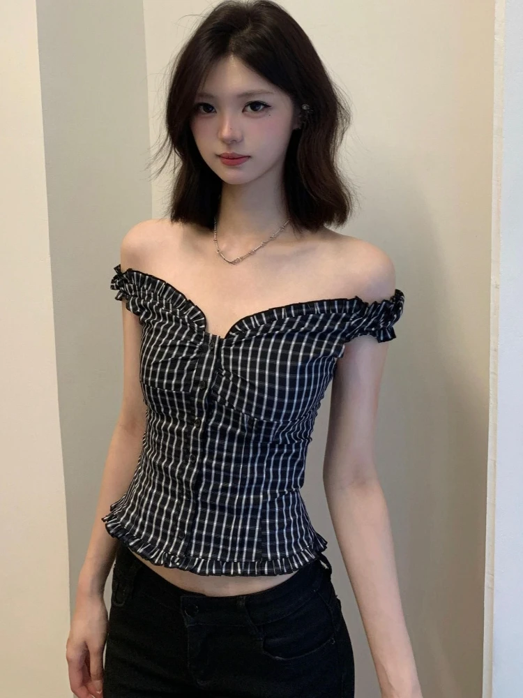 

Винтажный клетчатый топ в стиле Y2K для женщин: укороченный, приталенный, с рюшами, на одной пуговице, в стиле Harajuku Grunge