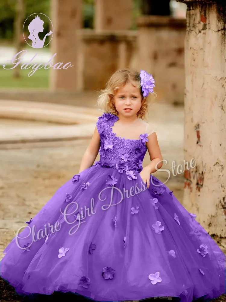 Vestidos de niña de flores moradas para boda, apliques de flores 3D, encaje sin espalda, tul, fiesta de cumpleaños para niños, vestido de baile de primer comunitario