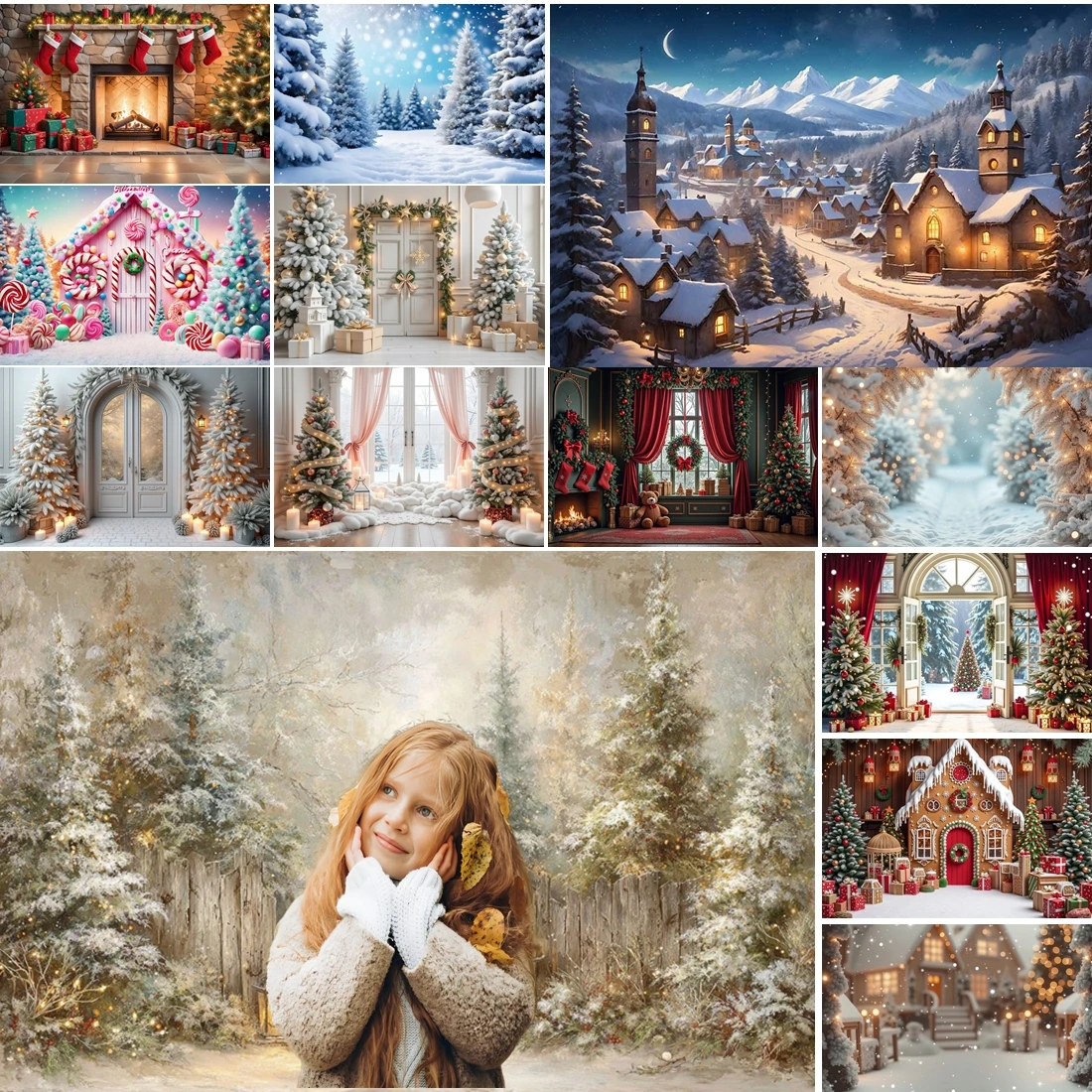 

MOON.QG Christmas Decorations Photography Background Xmas Trees Light Fireplace Backdrop Wallpaper Baby Portrait Studio Poster