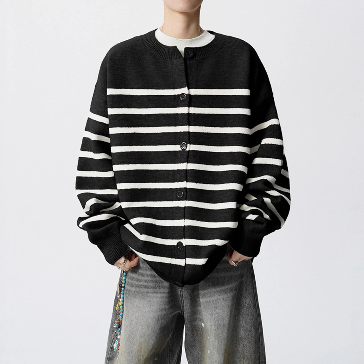 2025 New Academic Style Striped Cardigan Unisex Loose Casual Black White Color Block Versatile Sweater Jacket