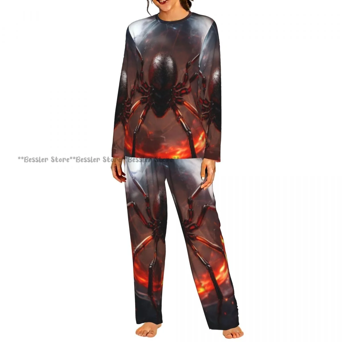 Women Round Neck Pajamas Set Spider On Glass Globe Long Sleeve Tops + Long Pants
