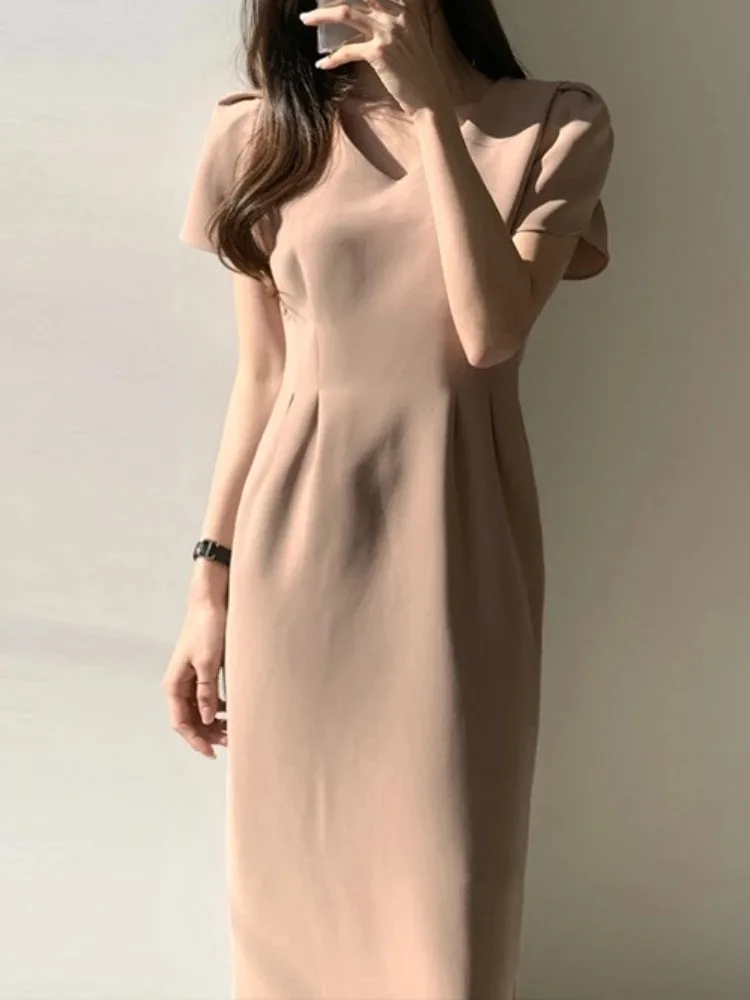 

High quality lined V-neck light mature style simple temperament long skirt with waist cinching and slimming straight tube dress