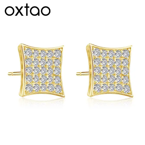 OXTAO Statement Square Stud Earrings for Women Man 1.75mm Cubic Zircon Gold Color Piercing Ear Accessories Hiphop Trend Jewelry