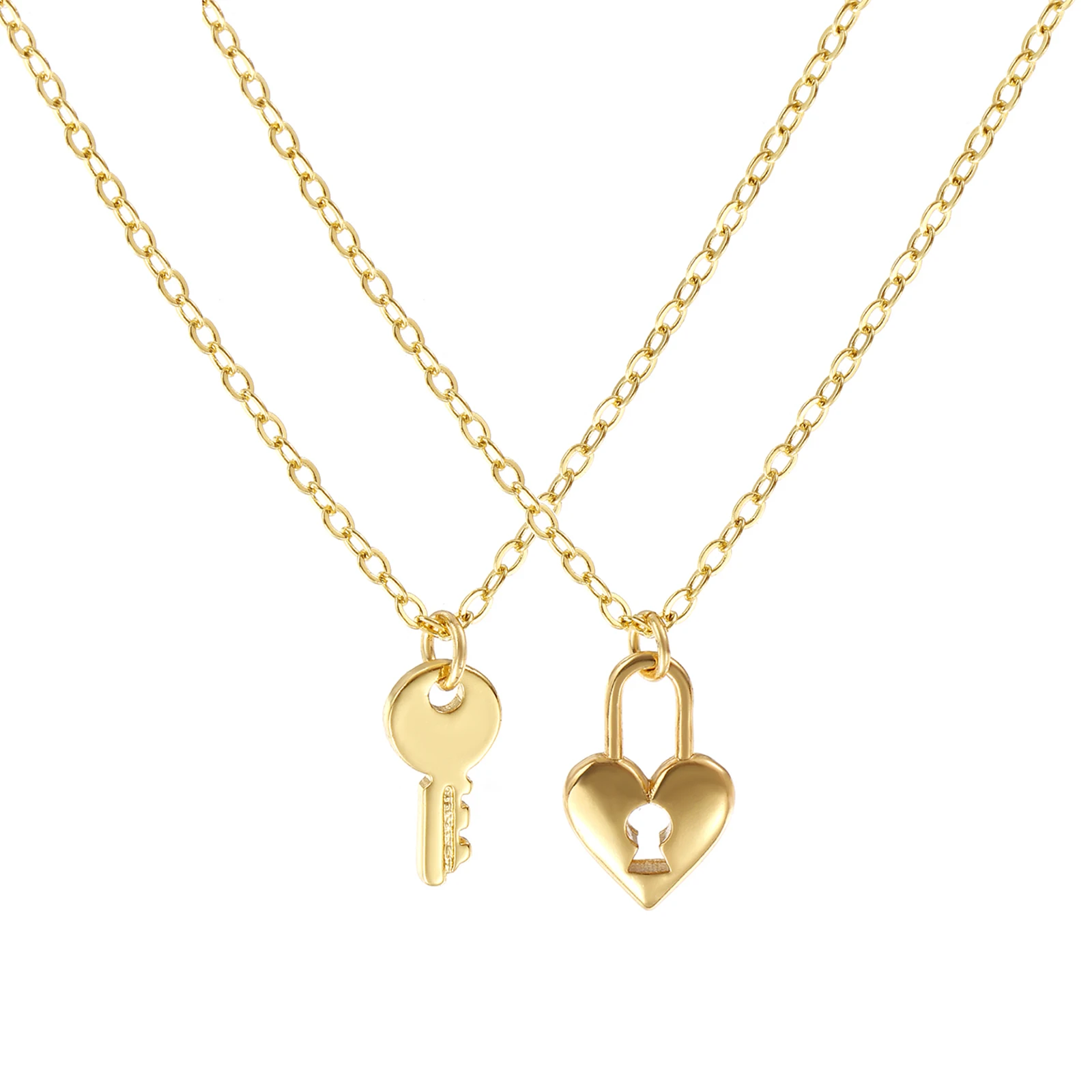 1pc Brass Necklace Gold Color Link Cable Chain Valentine's Day Lovers Lock Key Pendant Charm Necklace For Women Party Jewelry
