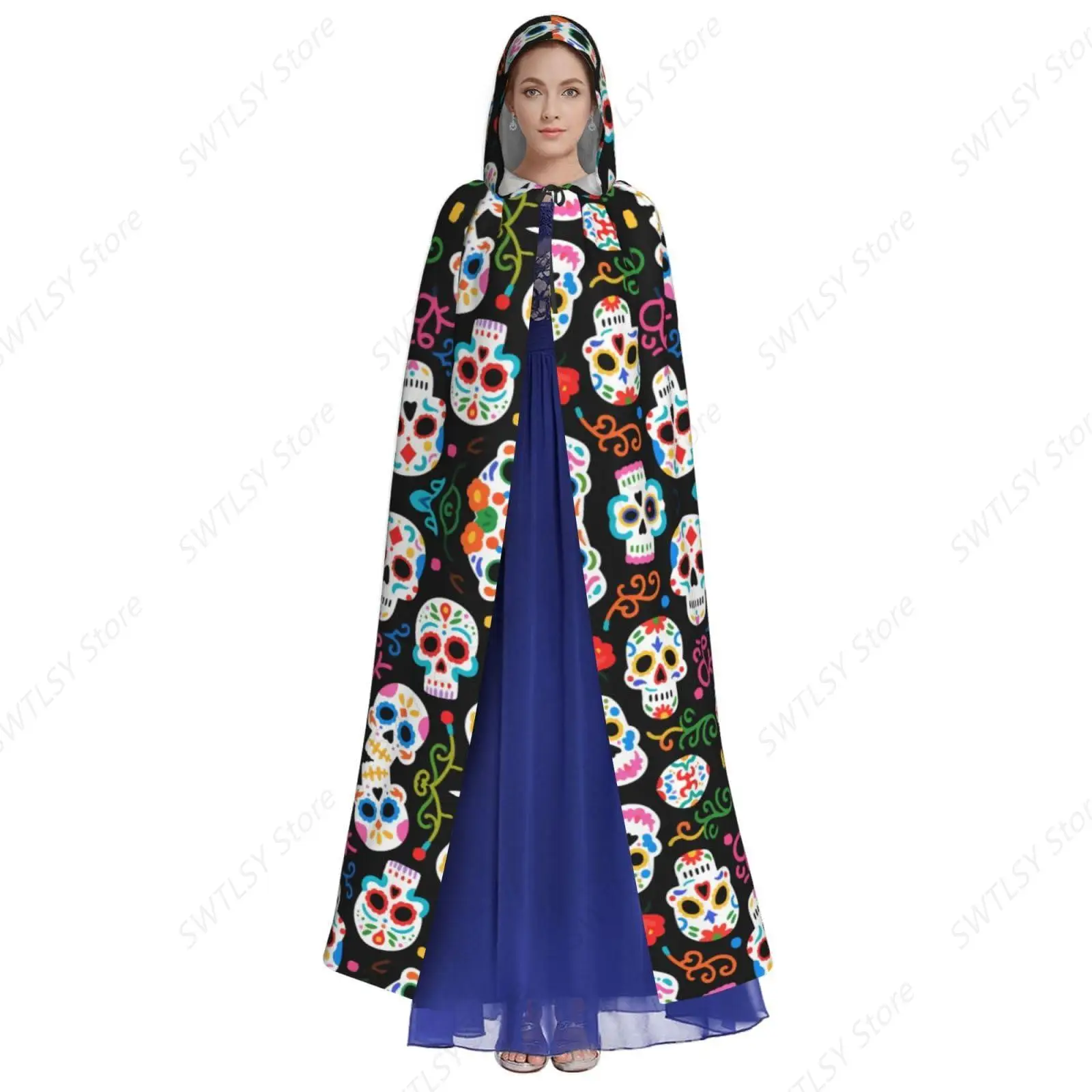 Adult Mexican Sugar Skull Art Full Long Hooded Cloaks for Halloween Fancy Cosplay Costume, Mysterious Tunic Elven Cloak Outwear