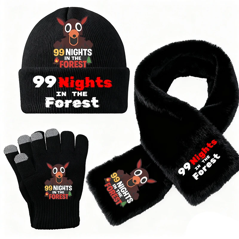 3 SZT. Gra 99 Noców w Lesie Czapki Dzianinowe Szaliki Rękawiczki Zimowe Ciepłe Odporne na Zimno Czapki typu Beanie z Wzorem Kreskówkowym Zestaw Prezent do Domu