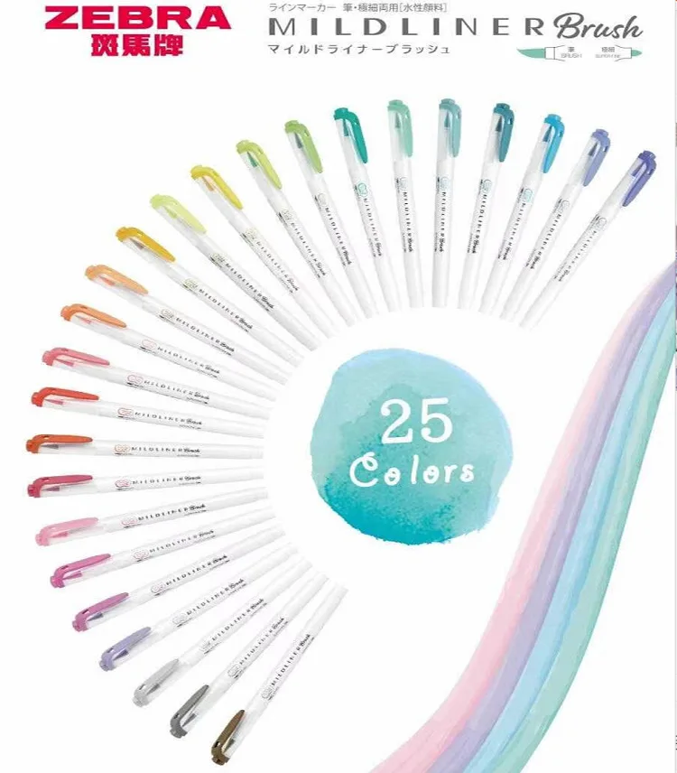 

25 Colors ZEBRA Mildliner Highlighter Markers WFT8 MILDLINER Watercolor Paint Pen subrayadores fluorescentes Brush Tip Markers