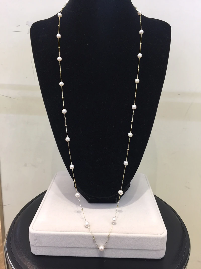 KUGG 18K Yellow Gold Necklace 6-7mm Natural Freshwater Pearl 95cm Overlength Chain Foldble and Wearzble Party Jewelry for Women