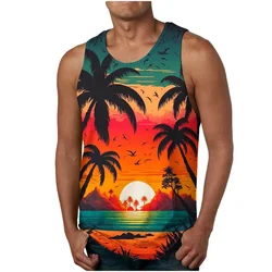 Summer Harajuku 3D Cocoanut Trees Printed Tank Top For Men Sunset Graphic Tank Tops Kid Fashion Cool Vest Streetwear Clothes Top