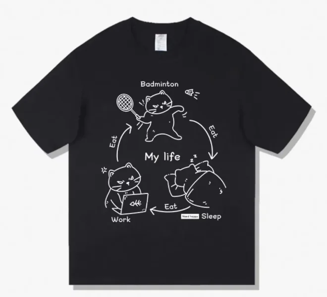 Badminton Cat T-Shirt Three Points One Line Meme Short Sleeve Unisex Casual Office Humor Summer Tops