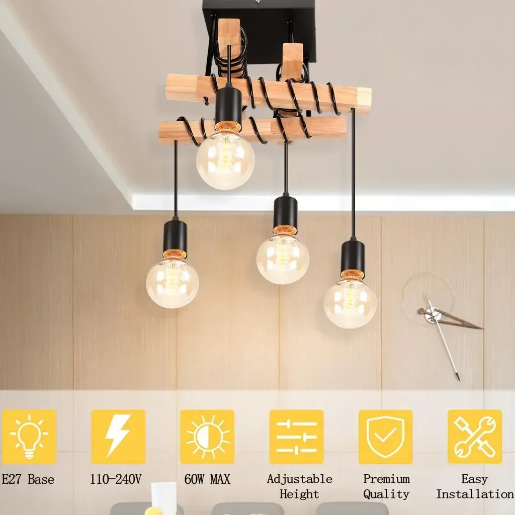 

Vintage Industrial Wood Ceiling Pendant Light Retro Loft Kitchen Island Hanging Lamp Restaurant Chandeliers Luminaire