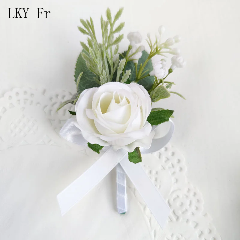 Accesorios de boda para novio, ramillete de muñeca con ojal blanco, flores artificiales, rosas de seda, pulseras para damas de honor