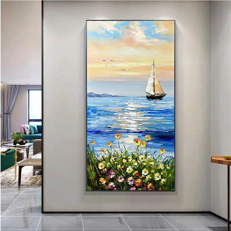 Wall Art Hand-Painted Seascape On Canvas Wall Decor Sunrise by The Sea Oil Paintings Handmade Modern Home Decor For Living Room