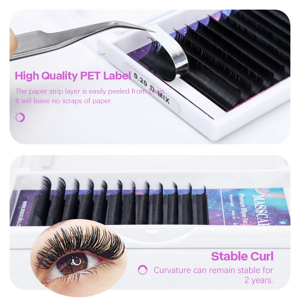 MASSCAKU Matte Flat Eyelashes Extension C D Curl  8-15 mm Individual Mixed Spit Ellipse Soft Nature Lashes Supplies Wholesale