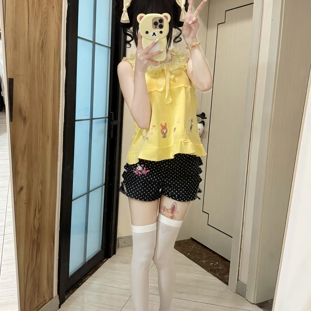 

Japanese Cartoon Mp Embroidery Bow Camisole + All Match Polka Dot Shorts Women Y2k Suits Cute Core 2 Pcs Sets Womens Outfits