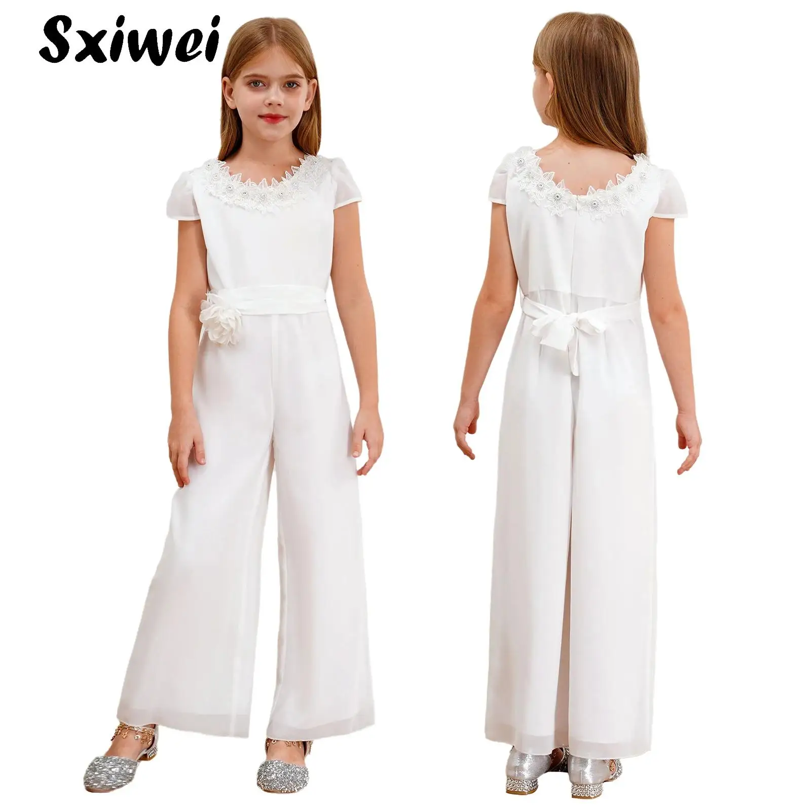 

Elegant Applique Party Bodysuit Jumpsuit for Kids Sweet Girls Evening Birthday Wedding Pageant Wide Leg Pants Playsuit Romper