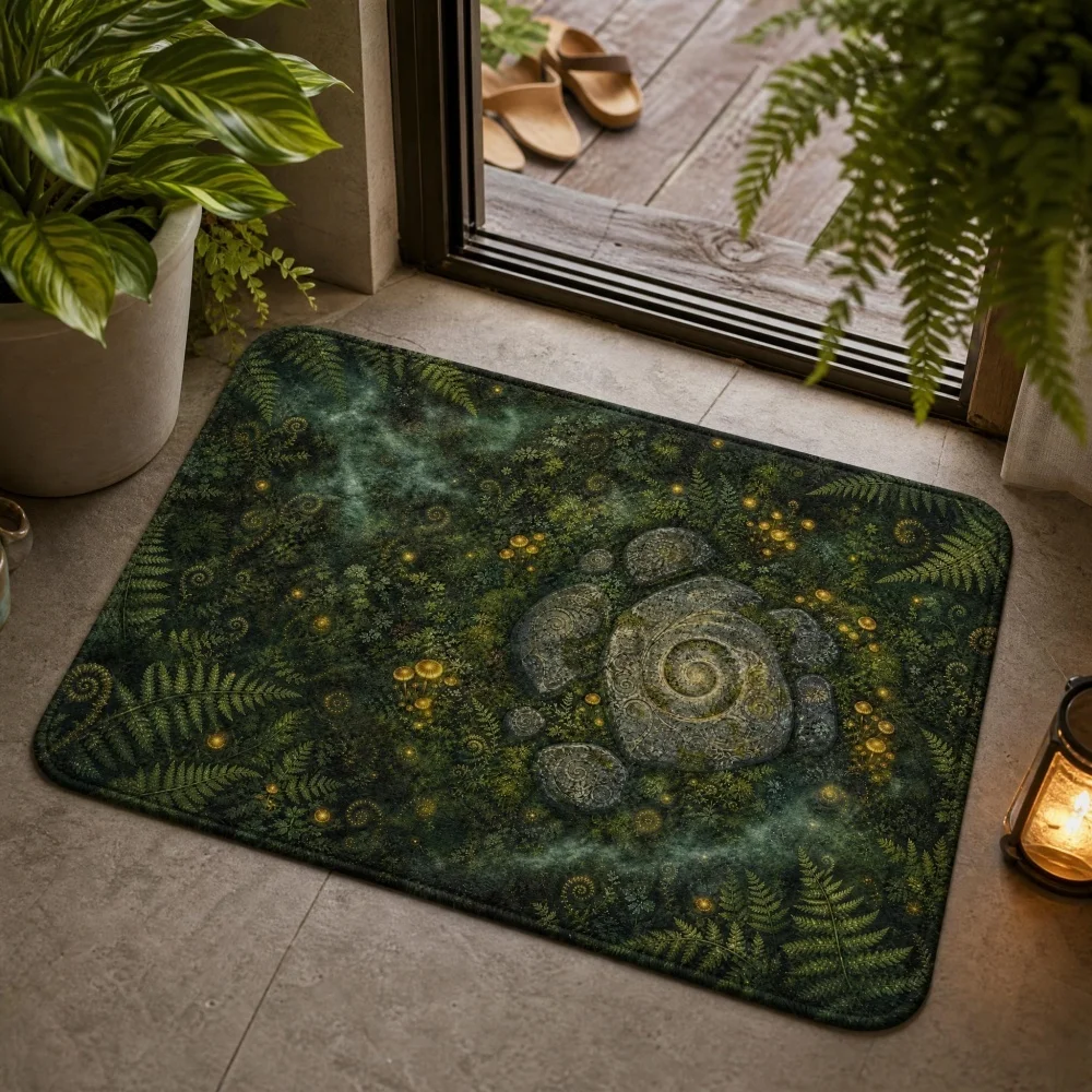 Forest Fern Stone Circle Flannel Doormat, Dark Nature Pattern Indoor Entrance Floor Mat, Mystic Botanical Area Rug