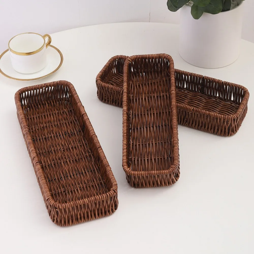 Plastic Imitation Rattan Storage Basket Rectangle Universal Faux Wicker Tray Home Desk Decoration Bread Food Plate