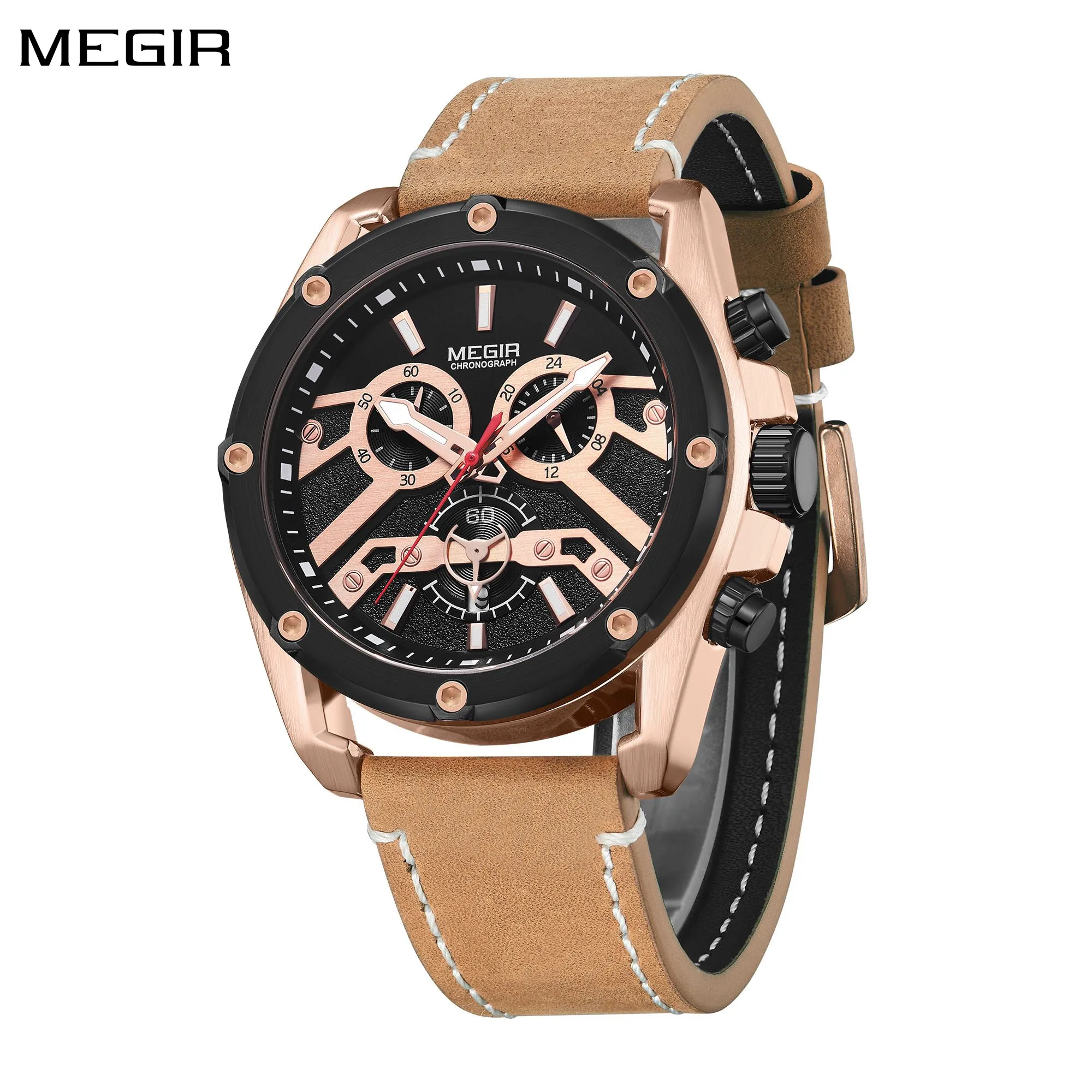 

MEGIR Fashion Original Sports Watch for Men Luxury Leather Strap Military Quartz Wristwatches Casual Business Date Chronograph