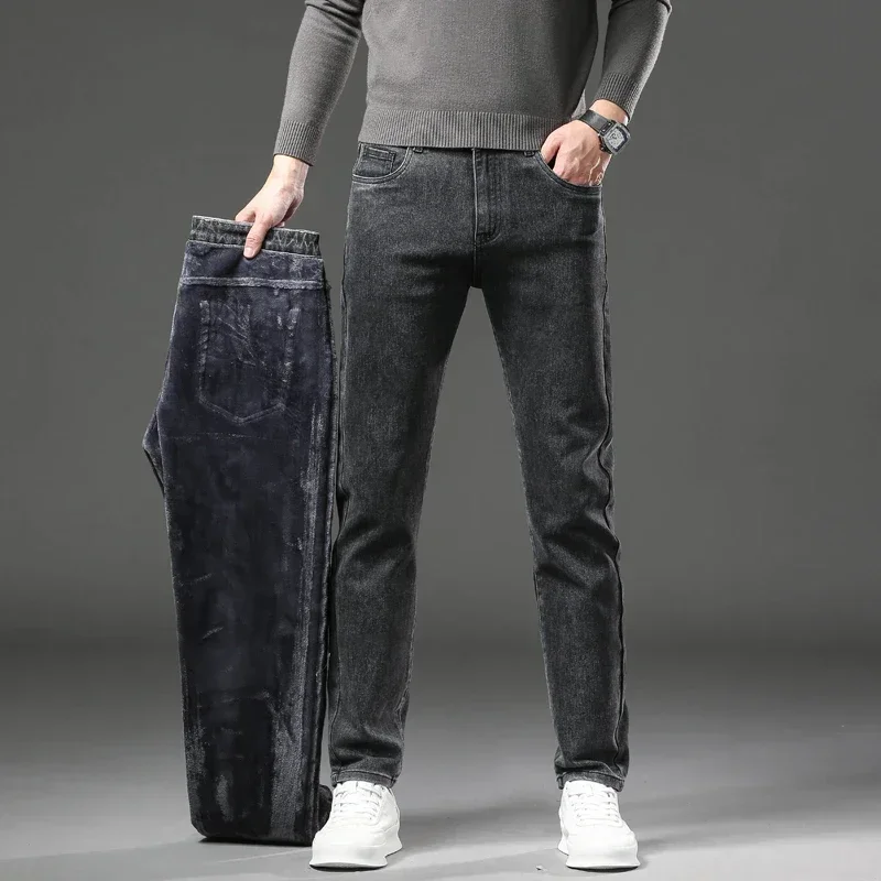 Men\'s Fashion Plush Trousers Winter Fleece Thick Warm Jeans High-quality Slim Straight Elastic Denim Pants Casual Male Clothing