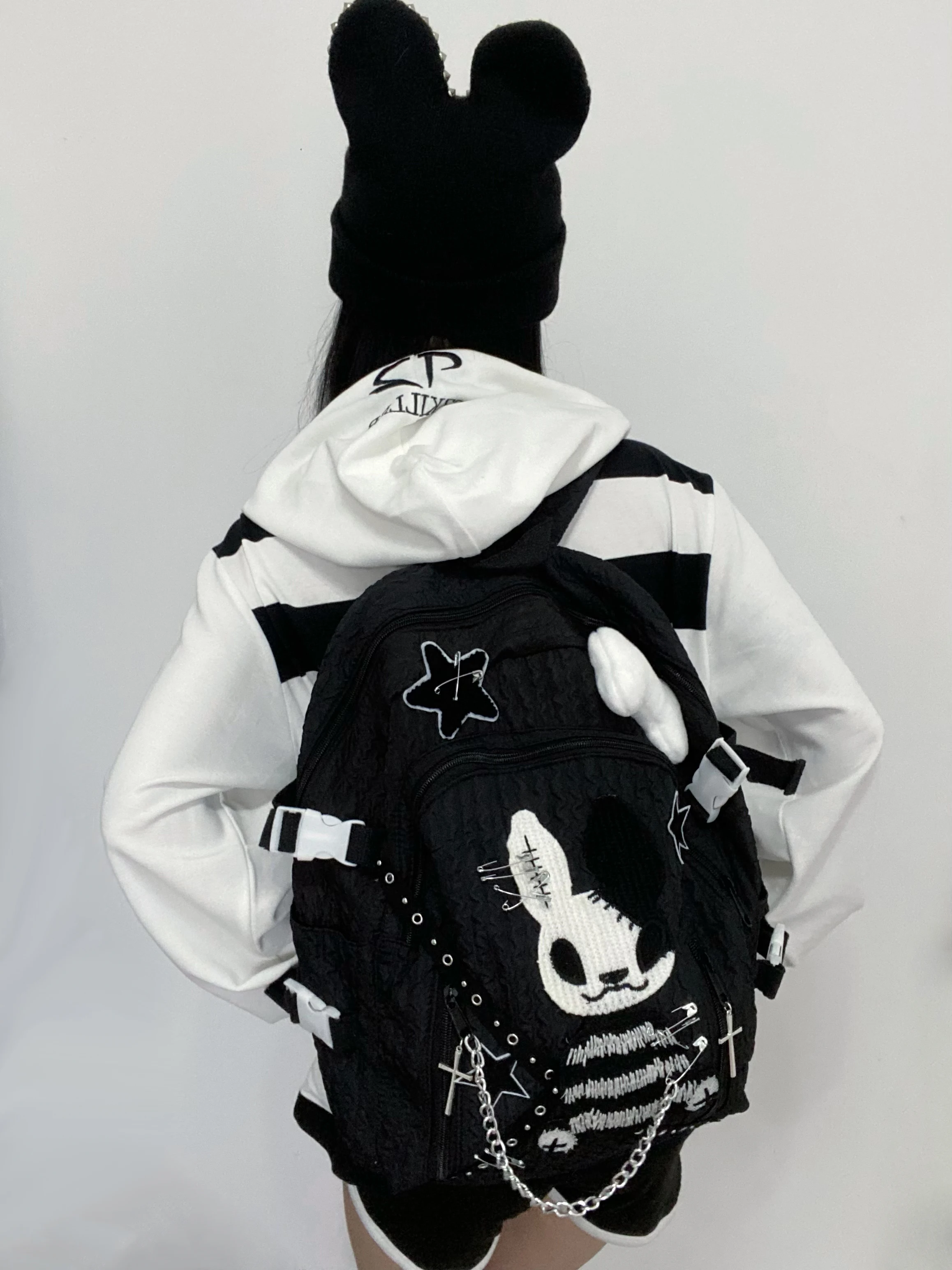 Handmade Punk Style Devil Rabbit Backpack Bone Star Chain Cross Y2 Schoolbag Fashion Backpacks for Women