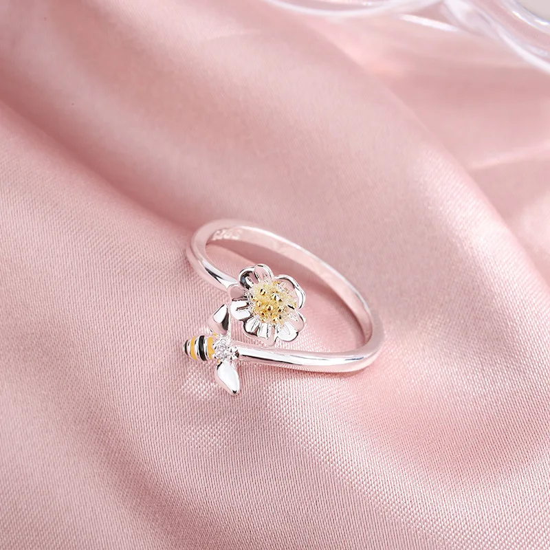 100% Bạc 925 Cho Nữ, Nhẫn Nữ Hoa Ong Đơn Giản Hợp Thời Trang Retro Mở Anillos Đảng Quà Tặng Phụ Kiện