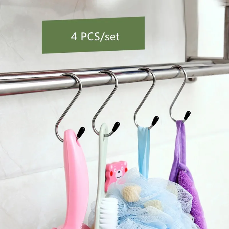 4PPcs S Shaped Hook Stainless Steel Kitchen Bedroom Multi-function Railing S Hanger Hook Clasp Holder Hooks Hanging Storage Tool