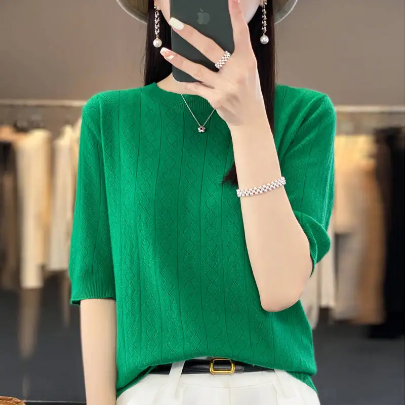 Short Sleeve Sweater Women's O-Neck Loose Knit Wool Tops Spring Summer Light Weight Hollow Out Breathable Pullover