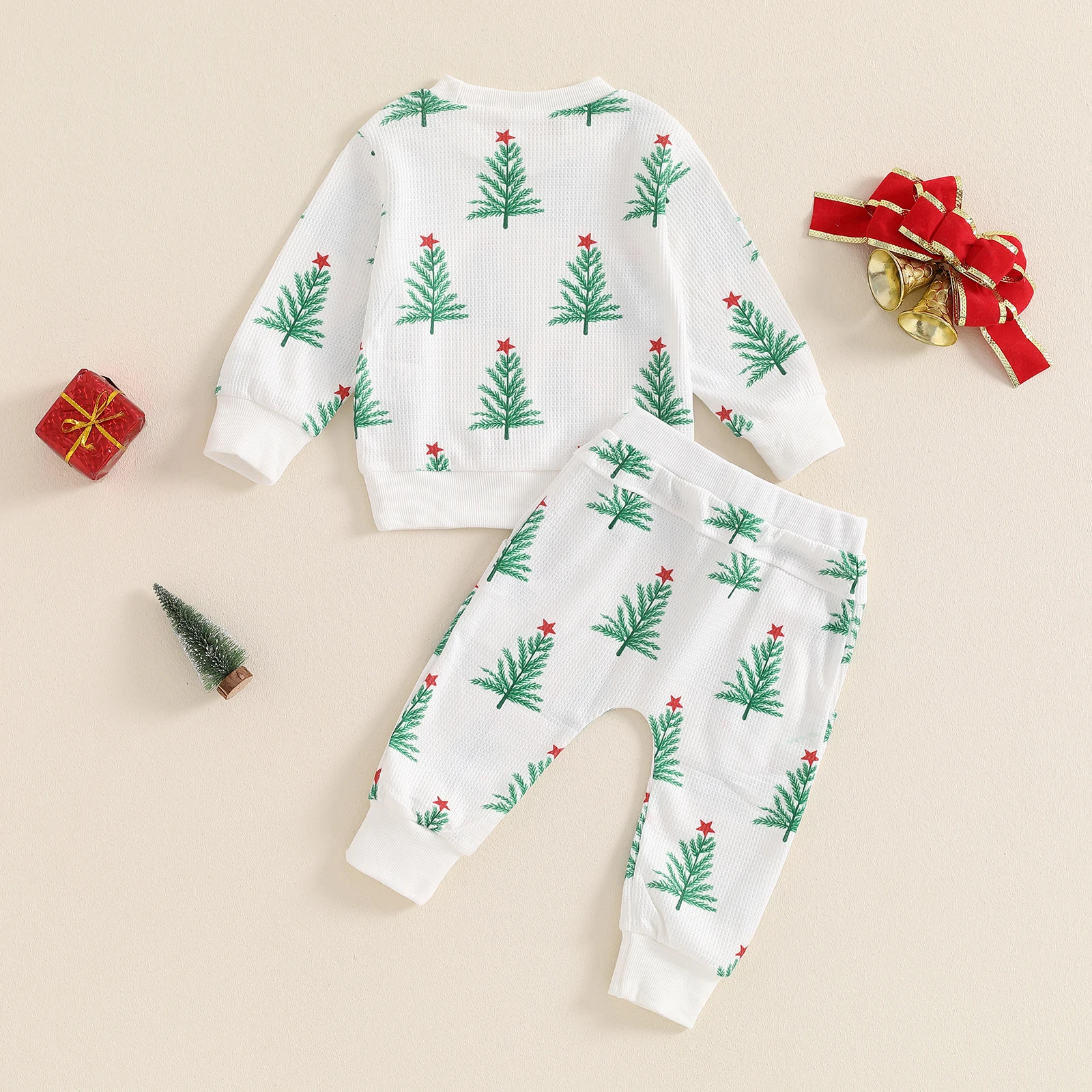 Tregren Toddler Boys Christmas Outfits Christmas Tree Print Waffle Long Sleeve Sweatshirts and Long Pants 2Pcs Fall Clothes Set