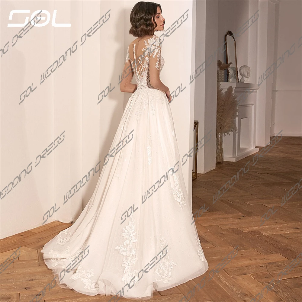 SOL elegan gaun pernikahan renda applique lengan Tulle Panjang leher V gaun pengantin panjang selantai A-Line sederhana gaun pengantin Vestidos De Novia