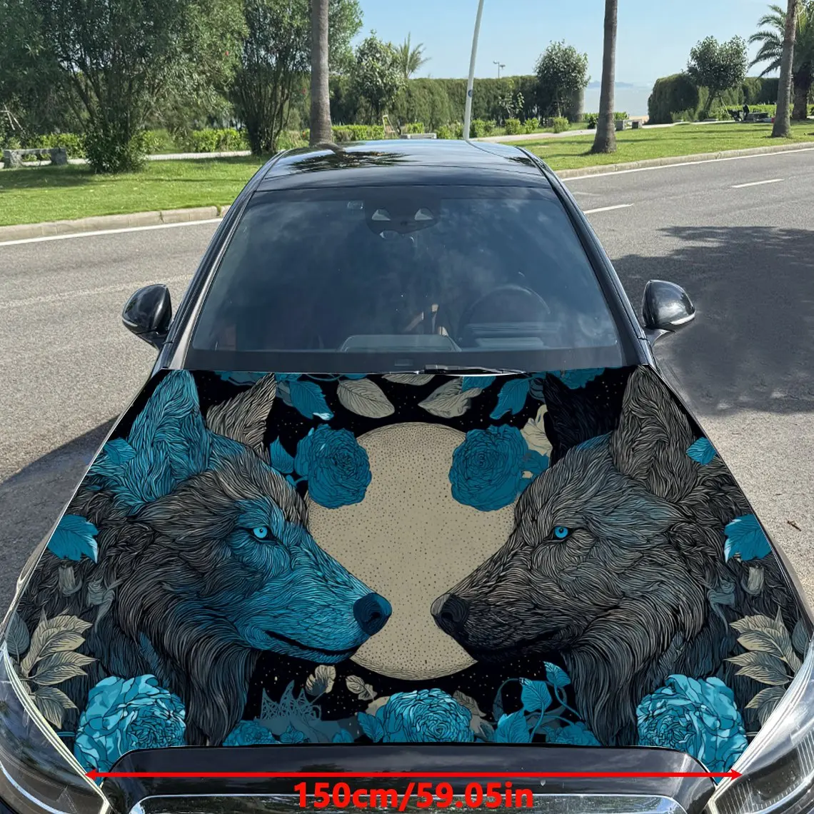 Car Decal Wolves with Blue Floral and Ornamental Elements in Artistic Background & Mystic-Symmetrical Visual Details Car Hood St