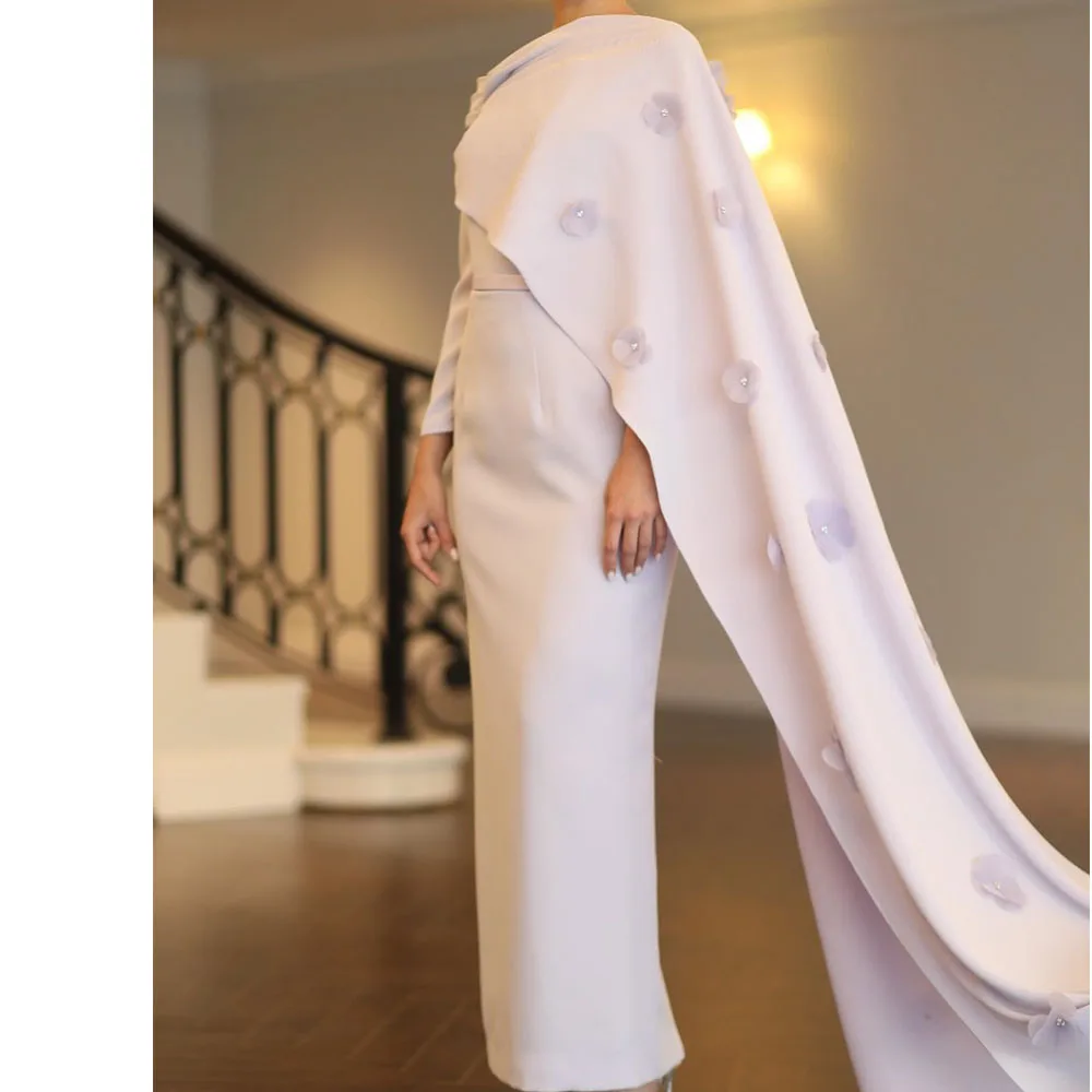 Temperament Jersey Straight Appliques and Pearls One Shoulder Evening Dress Floor Length O-neck Long Sleeves Watteau Train