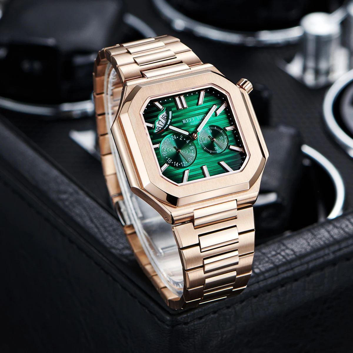 Reef Tiger-Men's Automatic Mechanical Watch, Rose Gold, Green Dial, 24 Hour Display, Luminous, Waterproof Bracelet Wristwatch