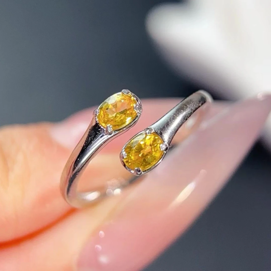 

925 Sterling Silver Natural Yellow Sapphire Ring Certified Fine Jewelry Bypass Open Two-Stone Gemstone Ring