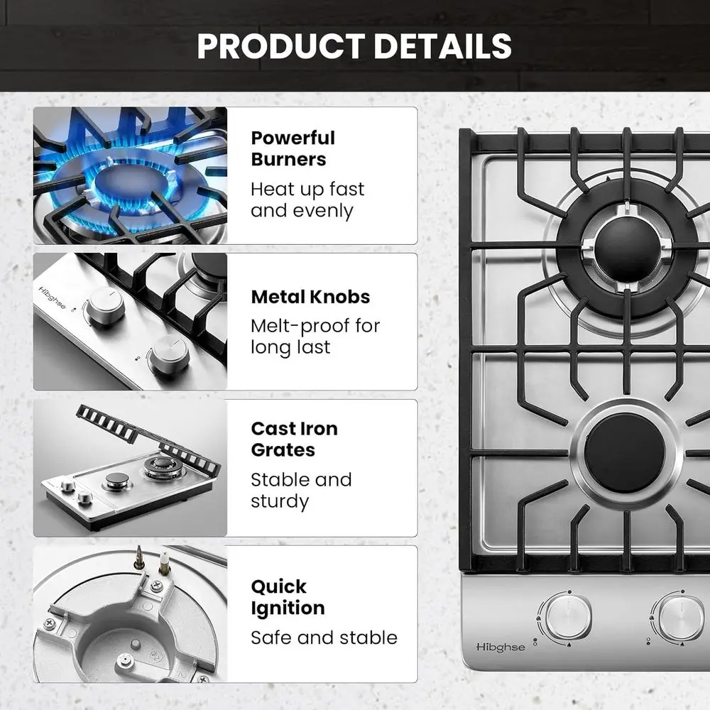 Fogão a Gás Propano de 12 Polegadas com Duplo Queimador e Termopar de Segurança, Adequado para Cozinha, Apartamento, Exterior e Trailers