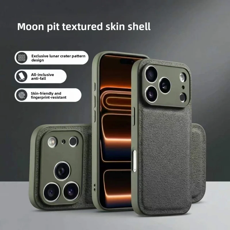 

Moon Pit Texture Leather Feel Phone Case, Full Coverage Shockproof PU Leather Grain Cover for iPhone 17 Pro Max 16 15 14 13 12