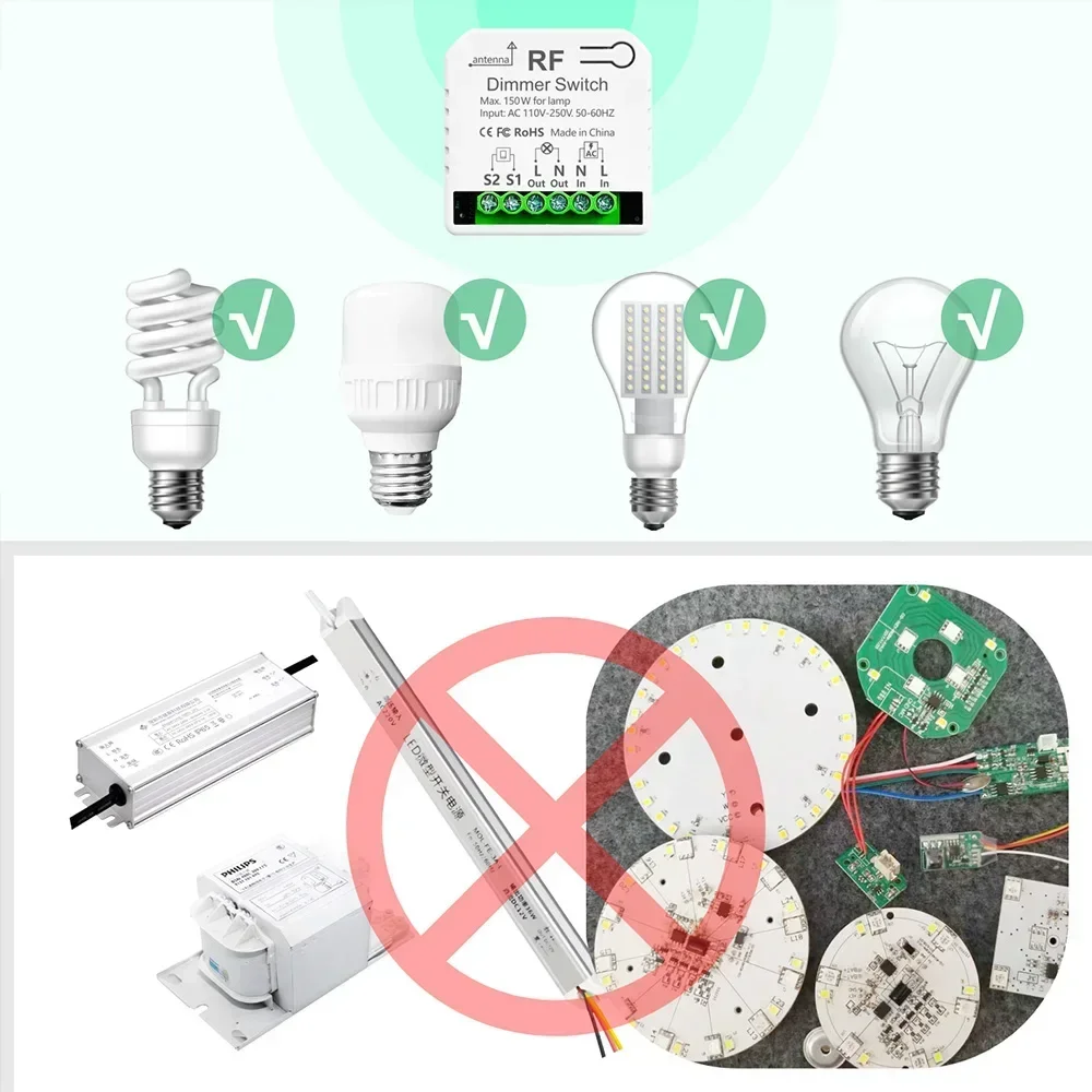 RF433 MHz AC110 V 220 V kabelloser Dimmerschalter, Lichthelligkeit einstellbar, 5-in-1-Fernbedienung, 2-Wege, für 10–150 W LED-Halogenlampe