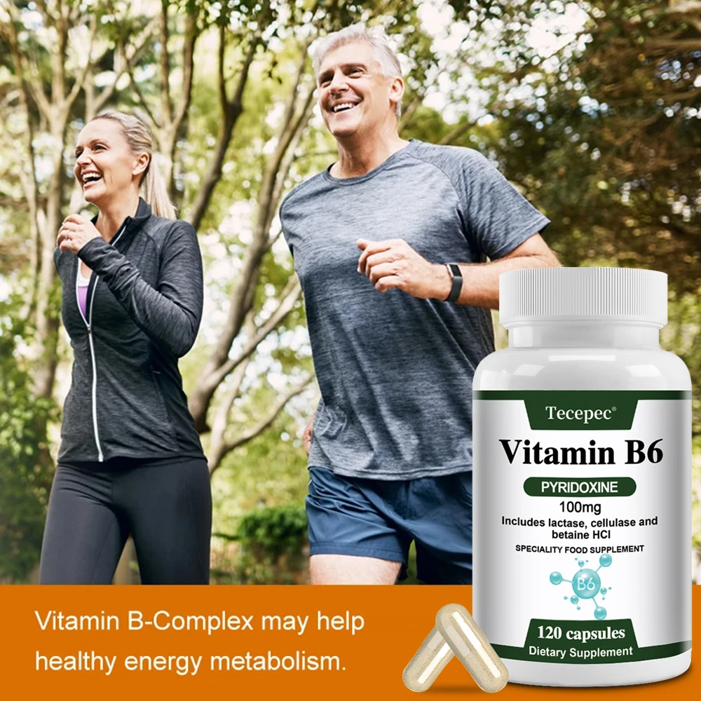 Vitamin B6, 100 Mg, with Lactase, Cellulase, and Betaine for Mental and Physical Energy, Brain Health, Heart Health, Vegetarian