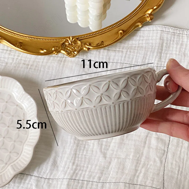 European Vintage Embossed Ceramic Coffee Mug with Tray Kiln Glaze Relief Flowers Decorative Cup Set Cafe Restaurant Drinkware