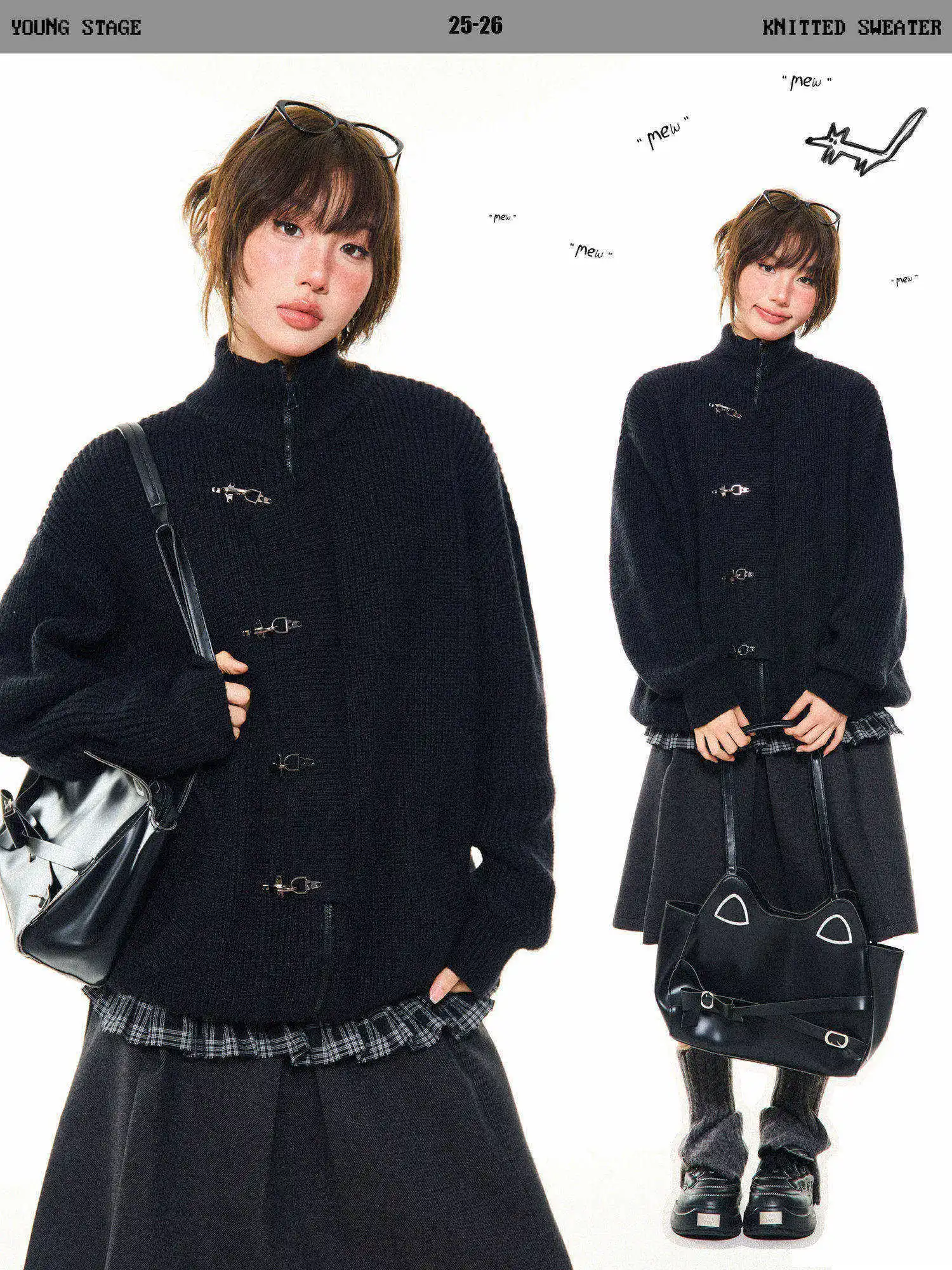 

American Style Women's Black Knitted Sweater with Airplane Buckle Lazy Vintage Outerwear Loose Fit Long Sleeve Polyester