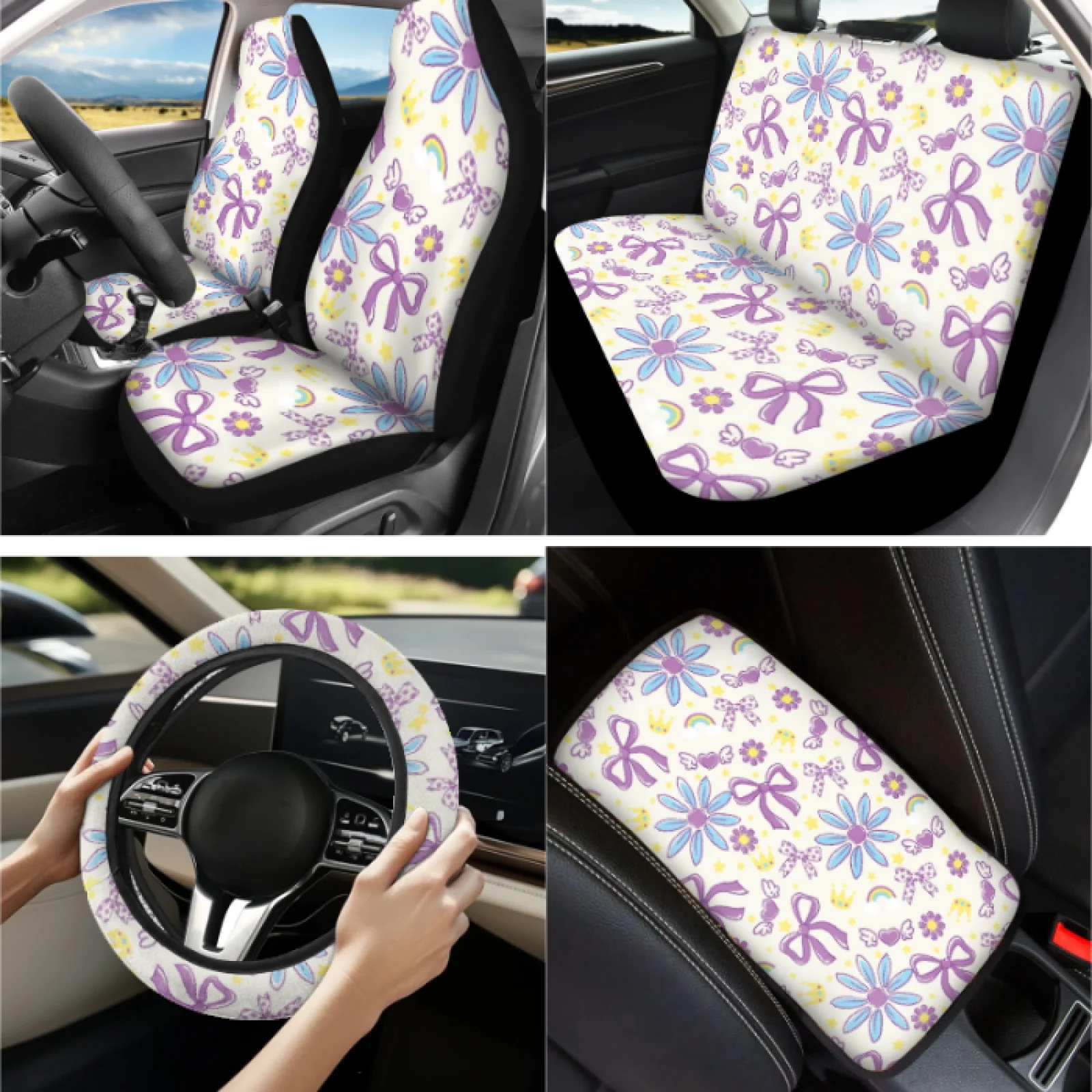 Coloranimal Floral Bow 13 PCS Car Accessories Set with Durable Lipstick Cover and Steering Wheel Cover for Universal Fit
