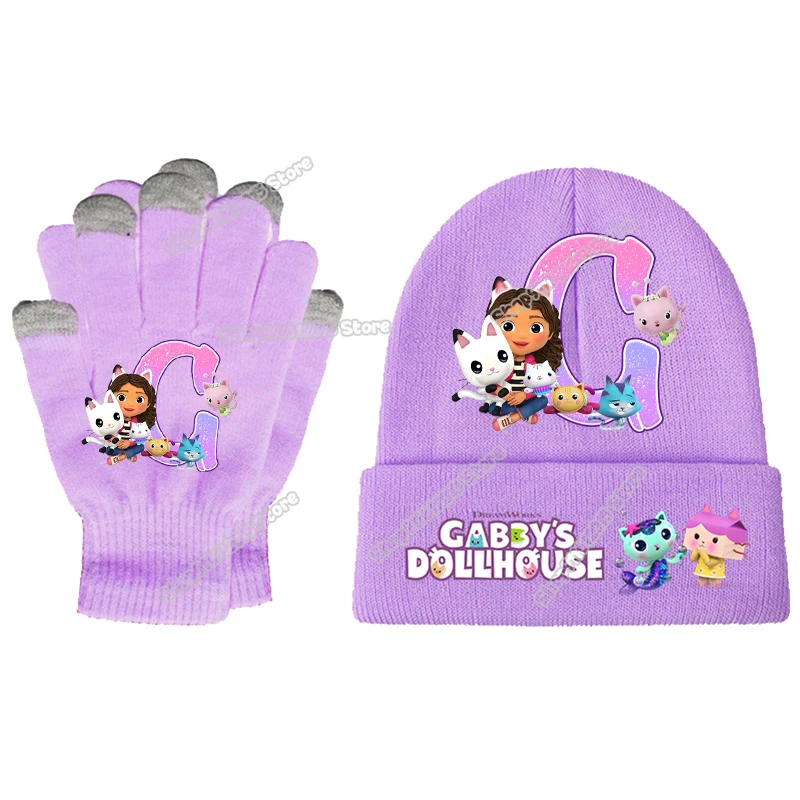 Gabbys-Conjunto de guantes y sombreros para casa de muñecas para niña, gorros de A-Z con letras bonitas, manoplas tejidas cálidas para invierno, guantes de dibujos animados, gorro de punto, 2 uds.