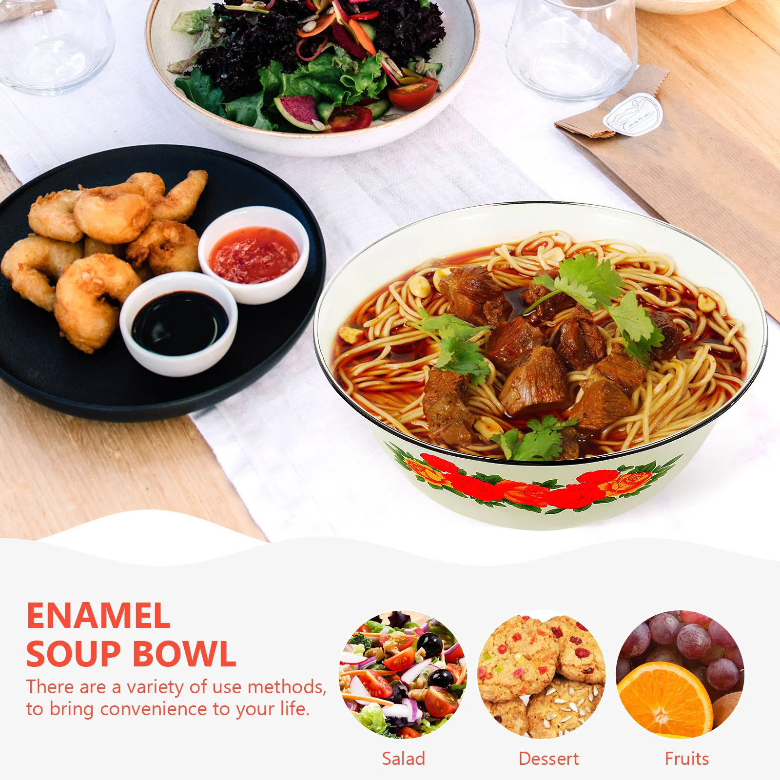 

2Pcs Enamel Bowls Vintage Soup Basins Multi Functional Food Storage Containers Vegetable Fruit Bowls for Home Kitchen