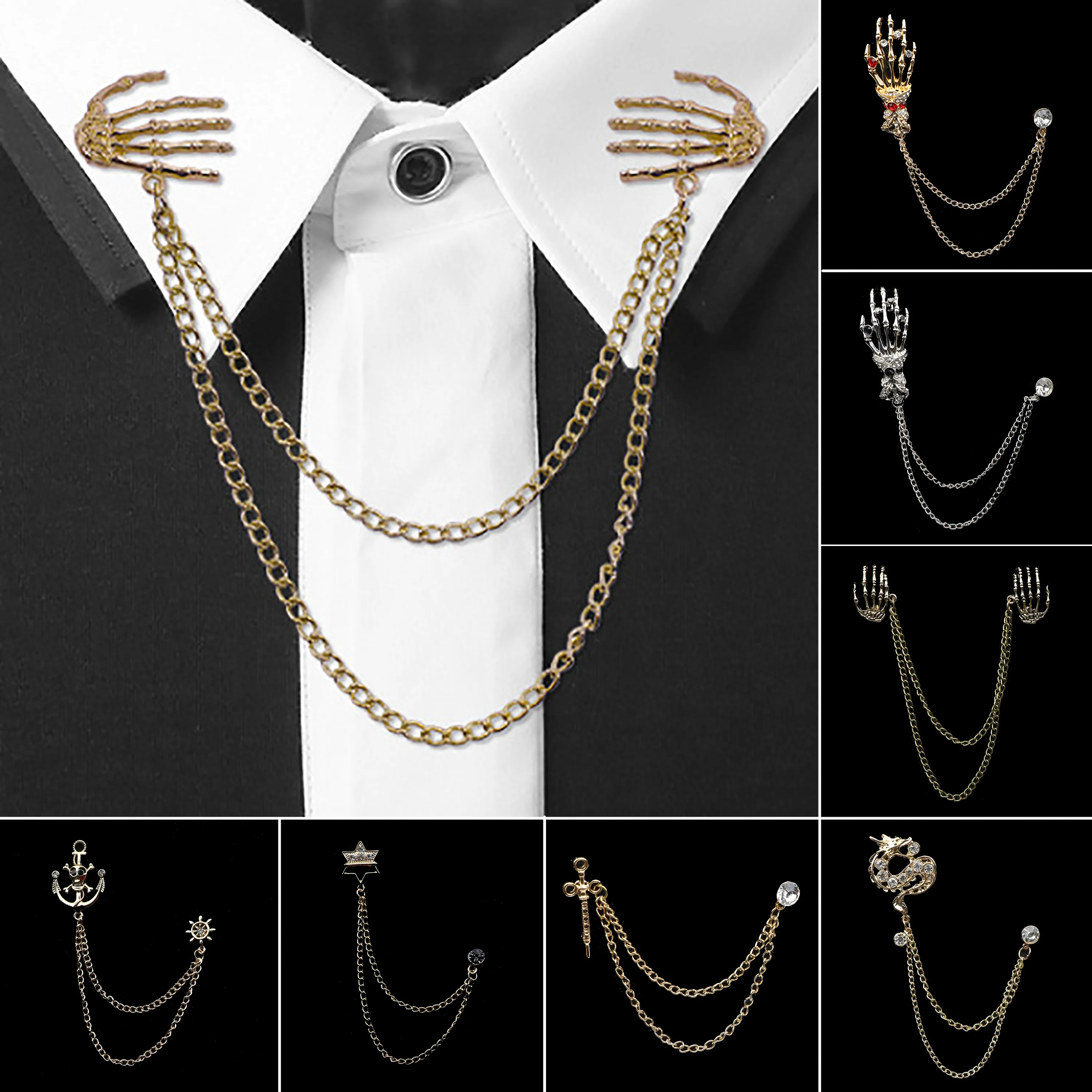 

Брошка-значок на лацканы мужского костюма с цепочкой-кисточкой, в виде драконьего черепа и ладони, ретро-значки, аксессуары для свадебного и праздничного наряда, украшение для шеи