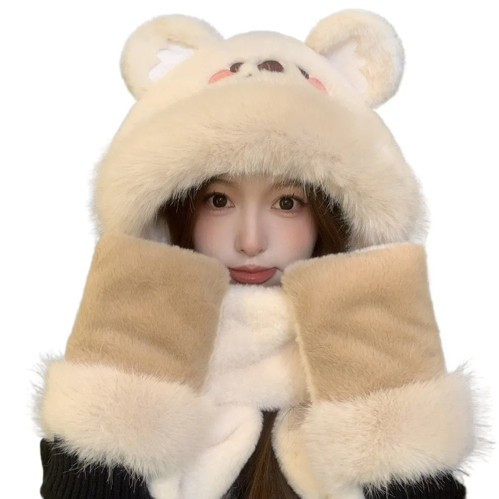 3pcs/Set 3 Piece Set Bear Hat Scarf Gloves Set Polyester Cold Proof Winter Hat Scarf Gloves Set Cold Weather Thick Warm