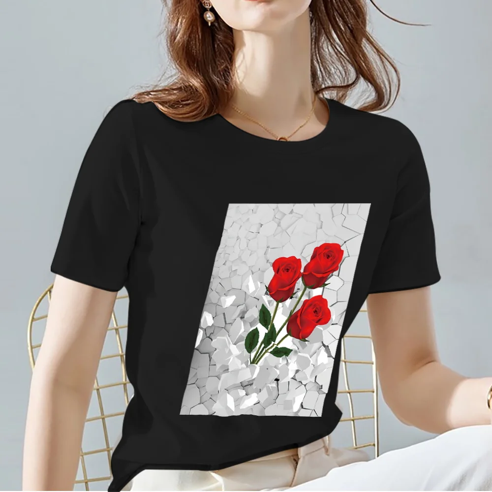 Straat Zwarte Vrouw T-shirt Forens Casual Slanke Top Trend 3D Bloem Patroon Top Ronde Hals Dames Korte Mouw Zomer Kleding