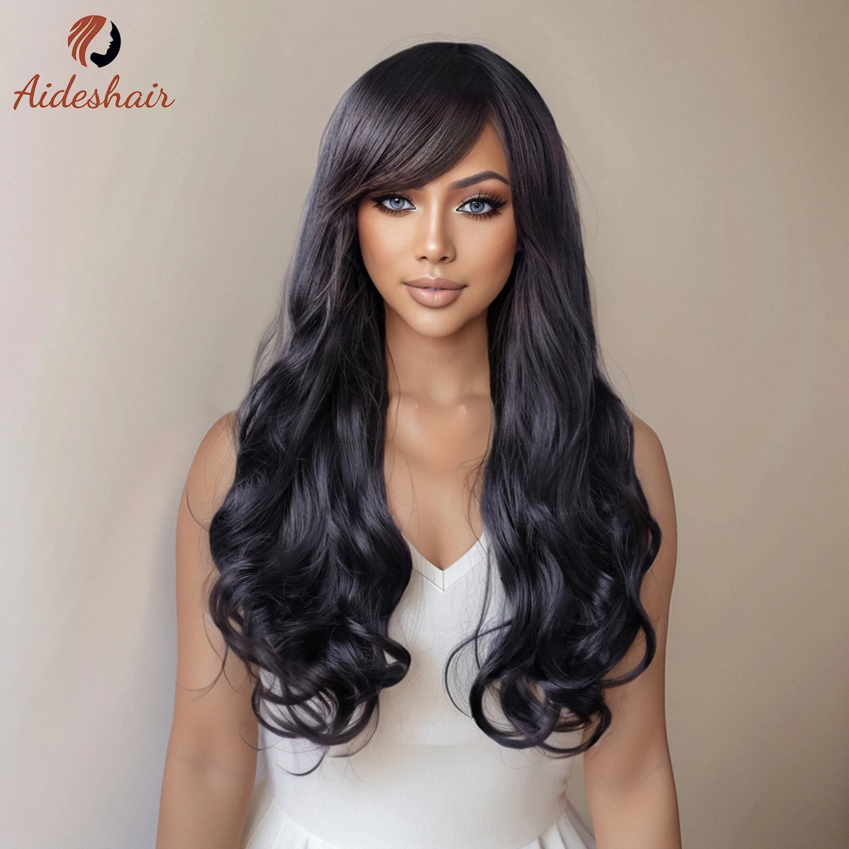 Coffee brown diagonal fringe wig Large wave curly wig for women heat resistant fiber synthetic wig for daily Cosplay