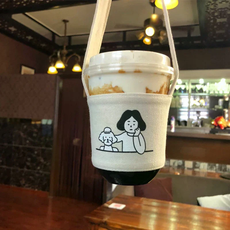 /TPz/Water Bottle Holder Carry Bag Coffee Cup Storage Sleeve Cover Canvas Printing Milk Tea Set Drinking Bottle Strap Portable